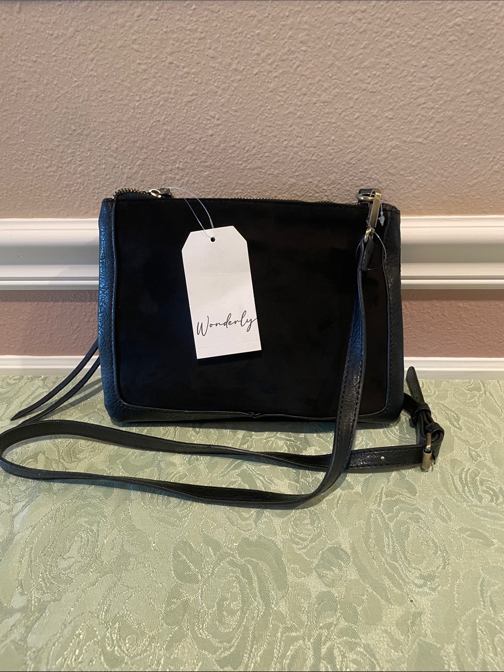 Wonderly Black Suede & Leather Trim Crossbody Bag